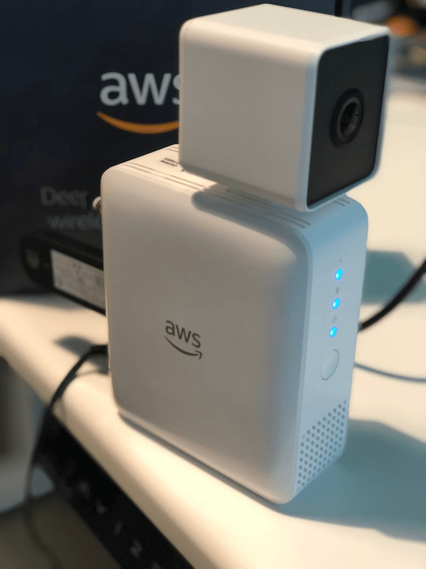 AWS DeepLens camera device showing all 3 blue lights