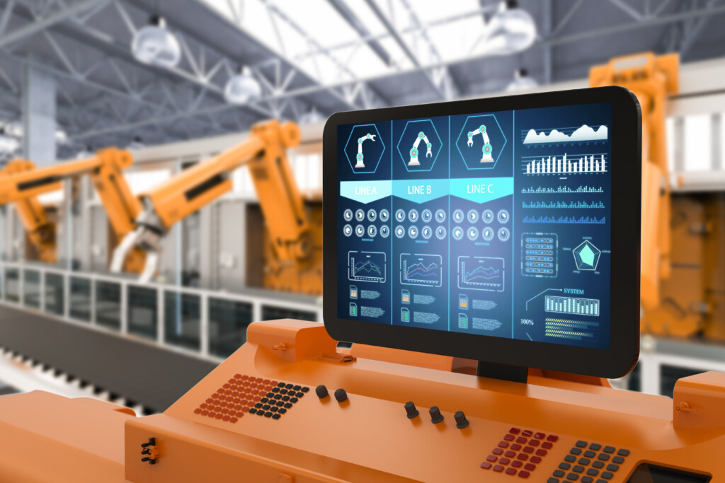 Automation factory concept with 3d rendering control panel screen with robotic arms, smart factory, image by Adobe Stock