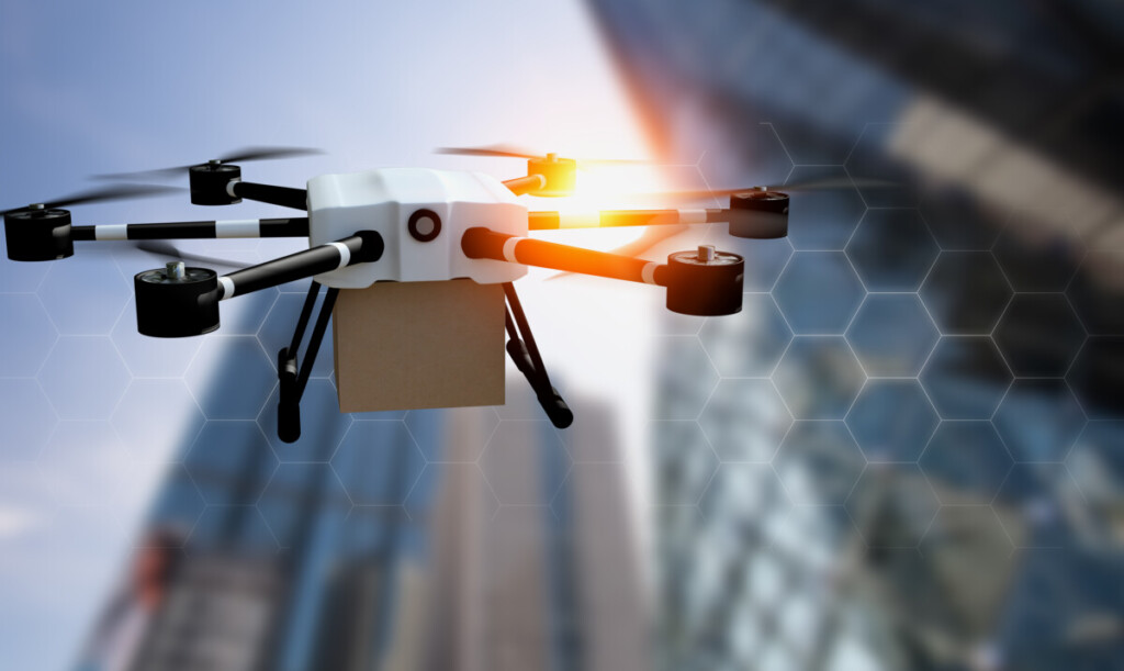 Delivery drone used to transport packages fly on city background blurred, technology society 5.0 and Smart city communication network 5g concept.sustainability & environmental harmony.3d rendering.