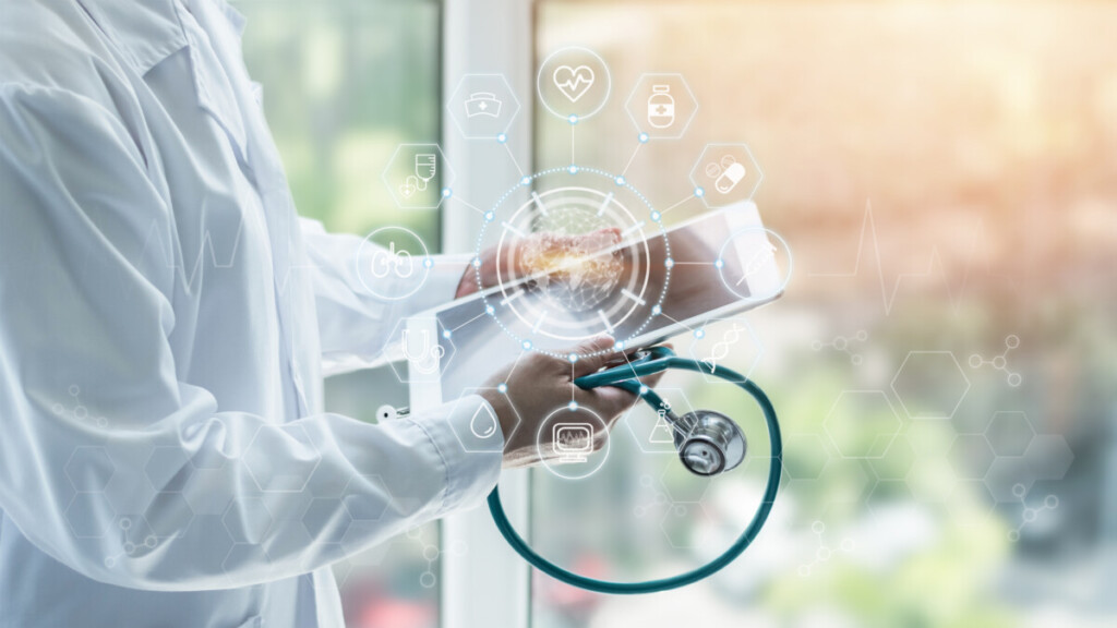 Medical tech science, innovative iot global healthcare ai technology, World health day with doctor on telehealth, telemedicine service analyzing online on EHR, EMR patient digita data on tablet in lab