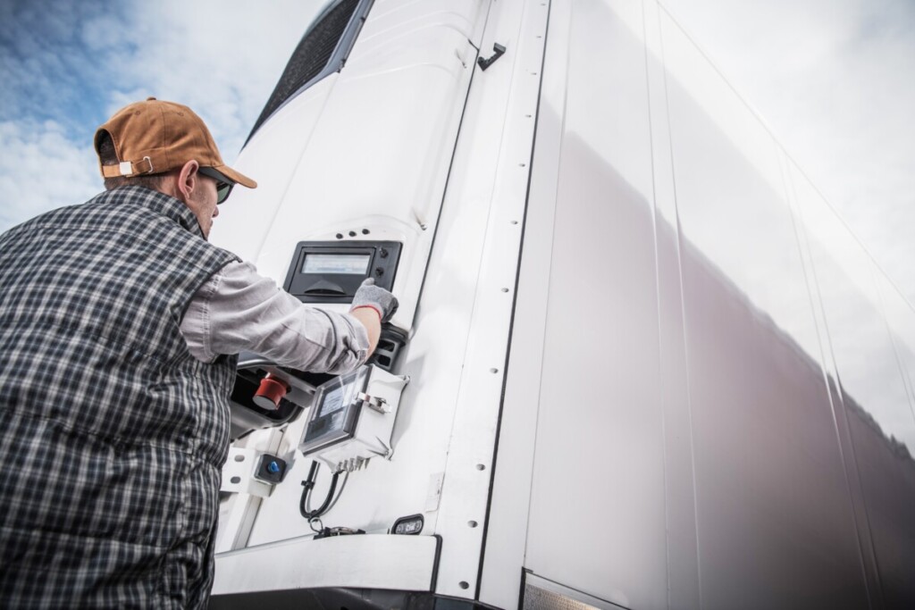 Refrigerated Semitrailer Cargo. Adjusting Temperature by Caucasian Truck Driver. Cold chain transport, image by adobe stock