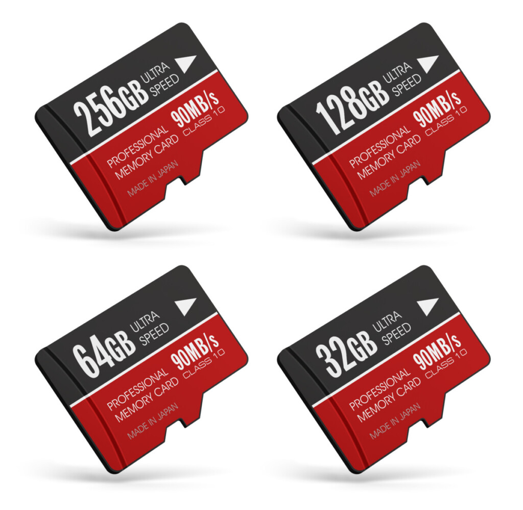 Creative abstract mobile technology and data storage industry business concept: 3D render illustration of the set of high speed Class10 professional MicroSD flash memory cards for usage in smartphones, tablet computer PC, mobile phones, photo cameras and other devices isolated on white background