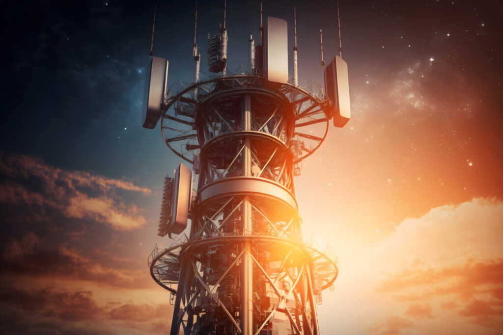 Base Station antenna, telecommunication tower 5G technology. Internet network communication equipment, sunset background. Generation AI.