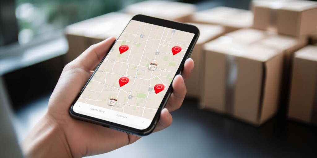 A customer tracking their parcels journey in real-time via a smartphone app, set against a connected, responsive background, the concept of Interactive customer experience and Smart logistics management, created with Generative AI technology