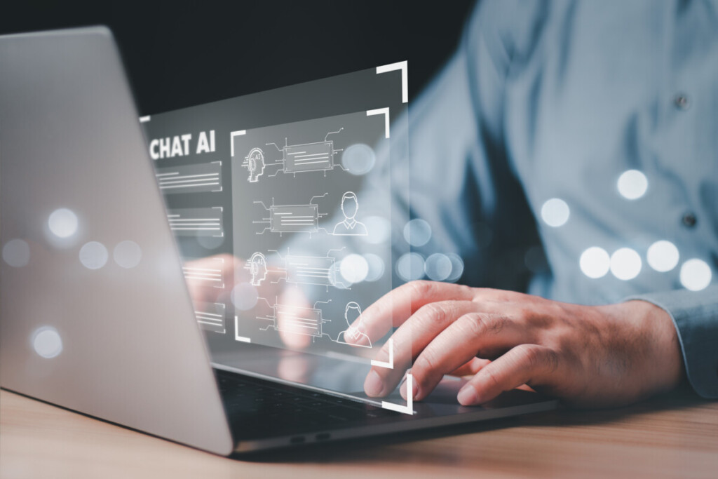 ChatGPT Chat with AI or Artificial Intelligence. businessman chatting with a smart AI or artificial intelligence using command prompt for generates something, Futuristic technology transformation. GenAI