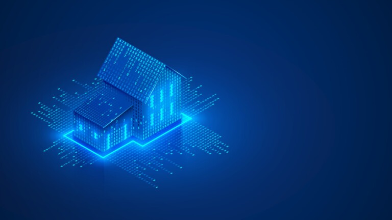 Smart home isometric concept. Private house consists digits code. Cyber Safety of internet of things of country house. Digital protection of smart home system. IOT Technology banner or background., image from Adobe Stock
